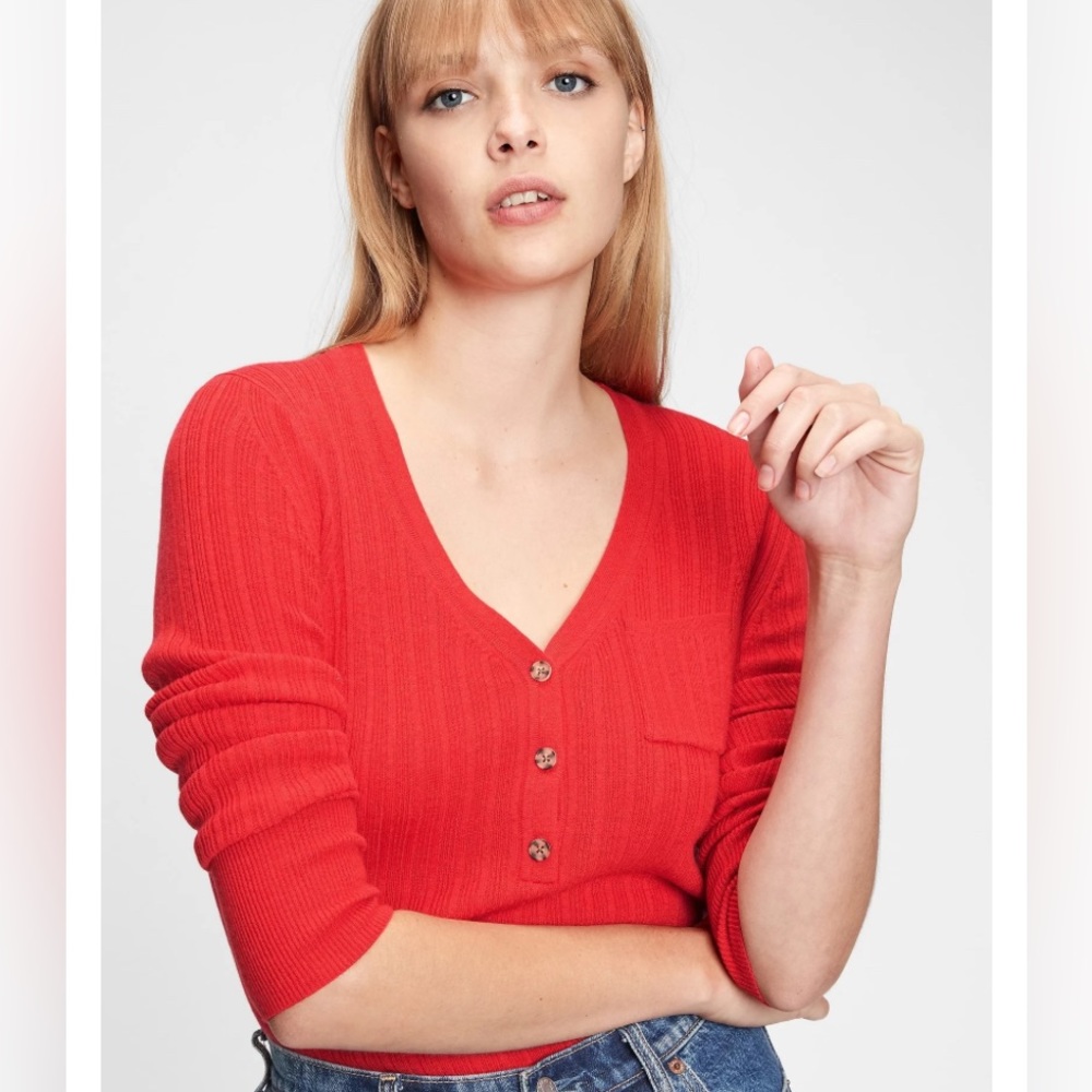 GAP Red Cropped Henley Sweater